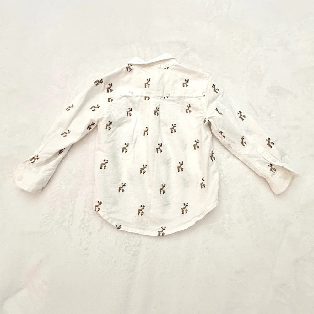 Gymboree‎ Toddler Boys White Reindeer Embroidered Cotton Button Down Shirt 2T